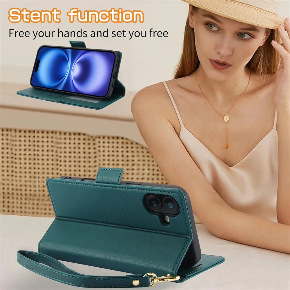 Premium Leather Flip Case with Card Slots & Wrist Strap for iPhone 16 Series