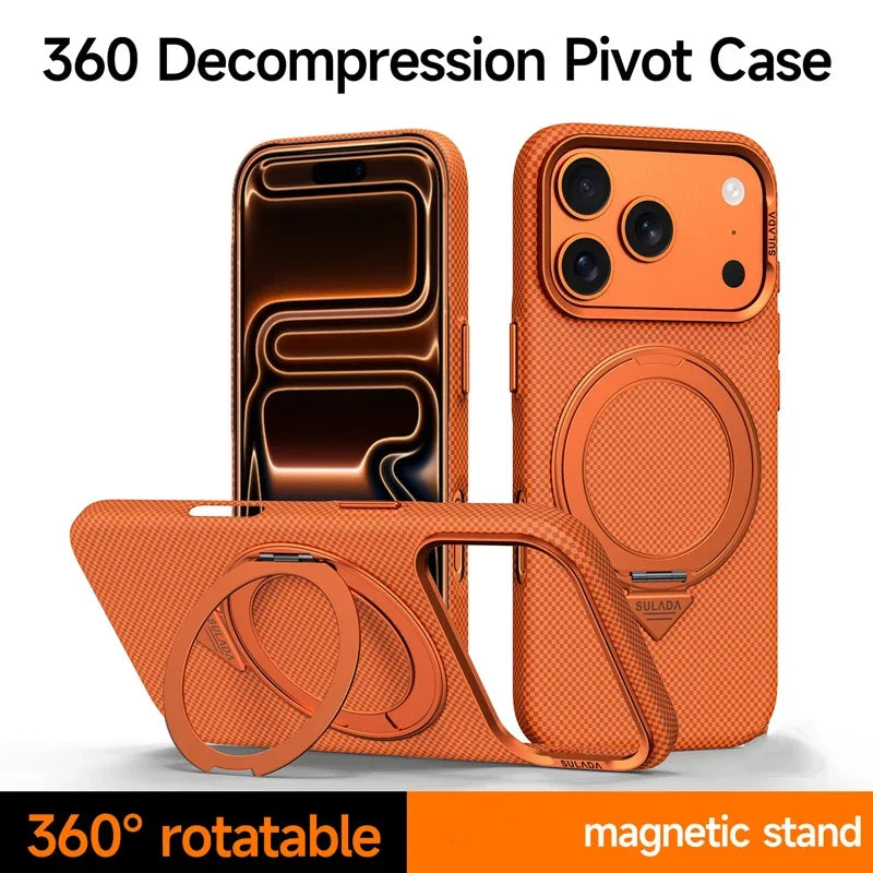 Protective Carbon Fiber Style MagSafe Case with Rotating Bracket for iPhone 17 Series