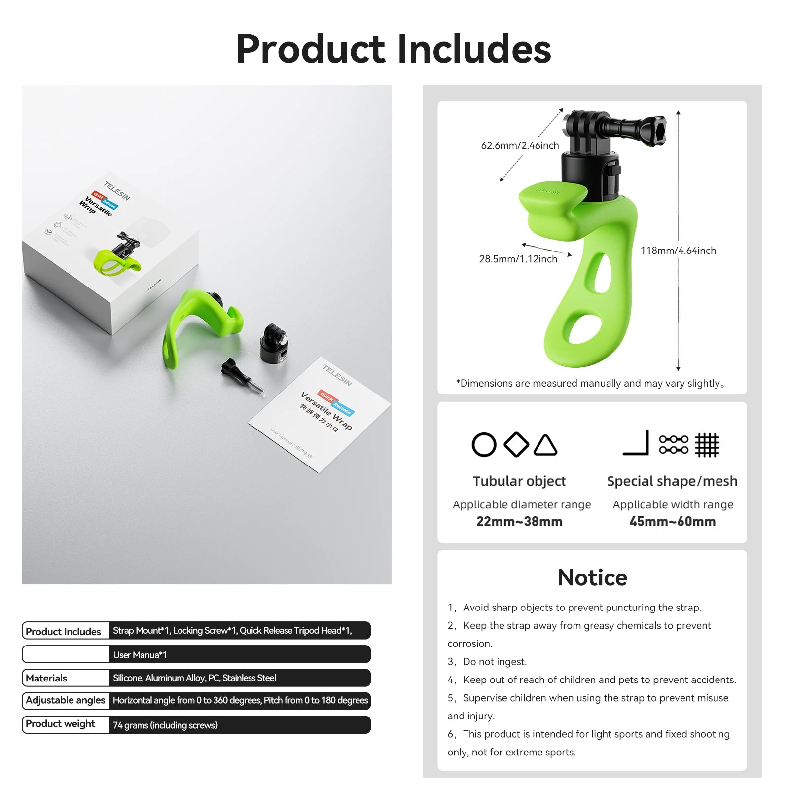 TELESIN Quick Release Silicone Adjustable Mini Bracket for Action Cameras