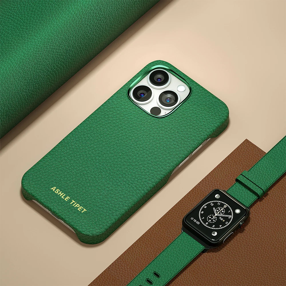 Natural Cowhide Lychee Leather MagSafe Case for iPhone 13 Series