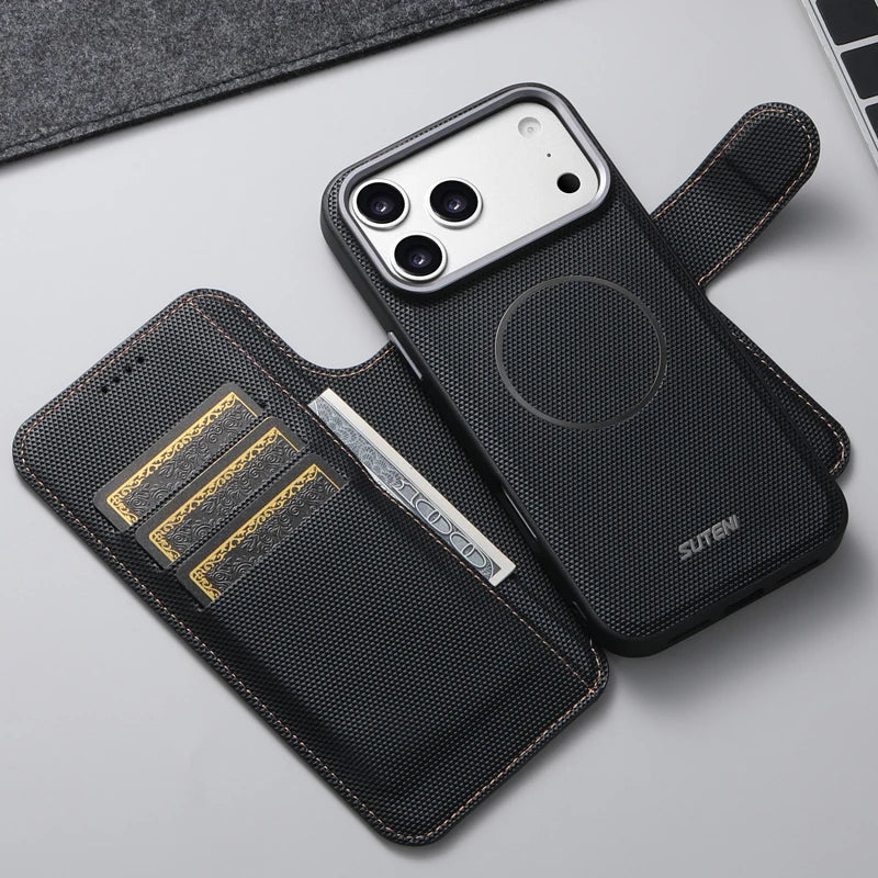 Triangle Pattern PU Leather MagSafe Case with Detachable Card Slots for iPhone 17 Series