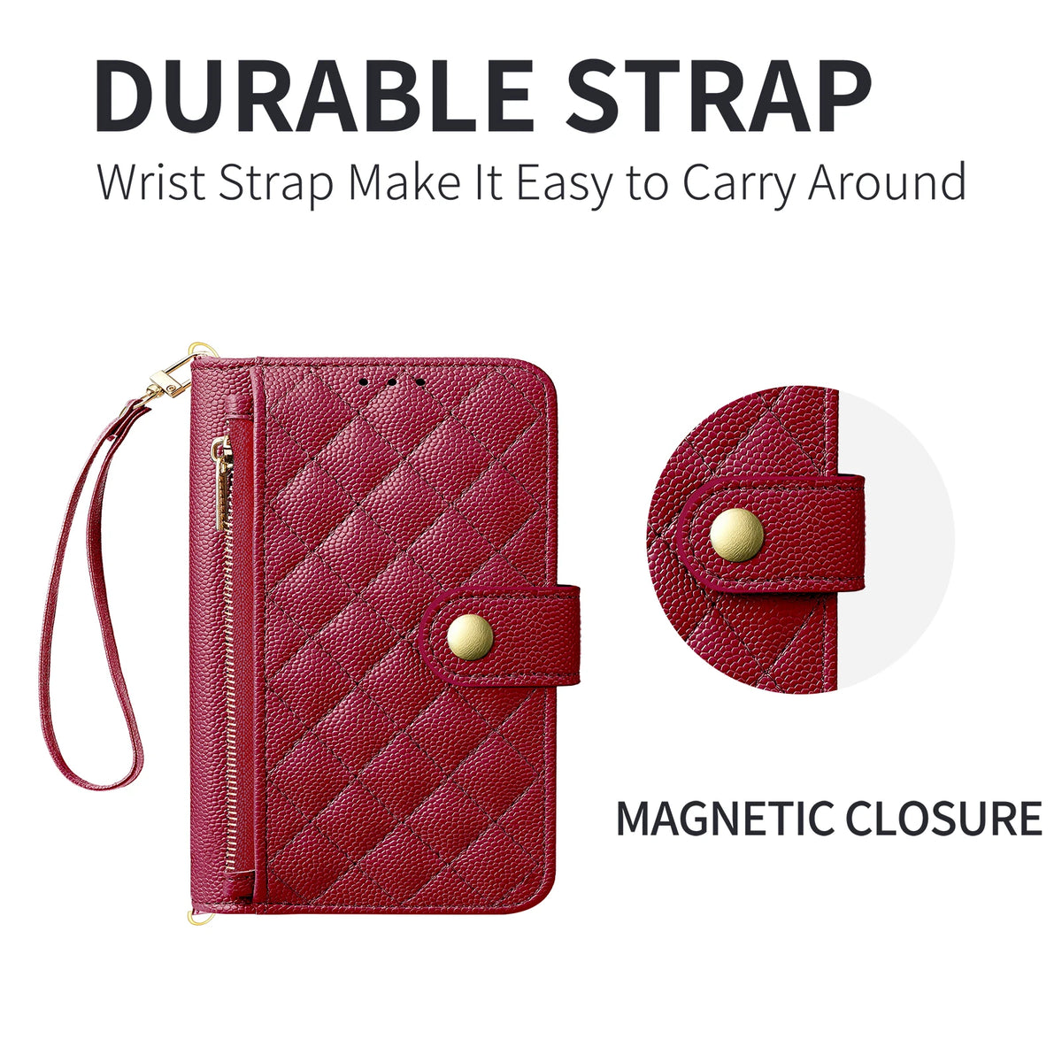 Quilted Leather Crossbody Wallet Case with Detachable Strap for iPhone Duo