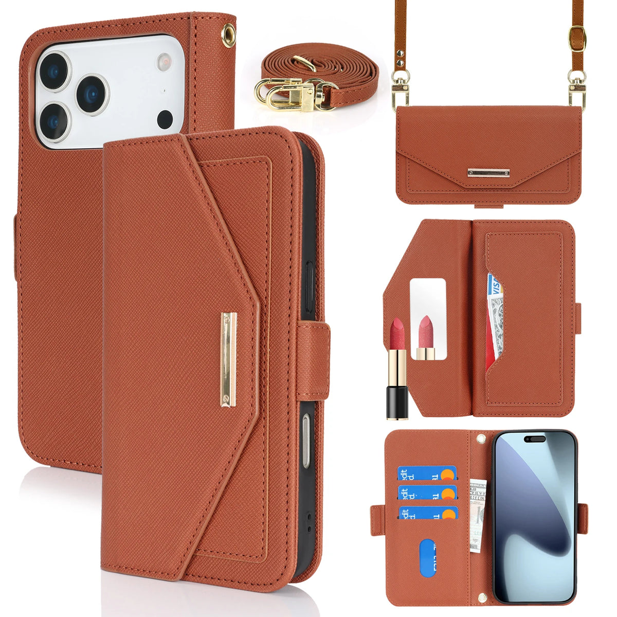 Crossbody Wallet Case with Mirror and Shoulder Strap for iPhone 18 Series