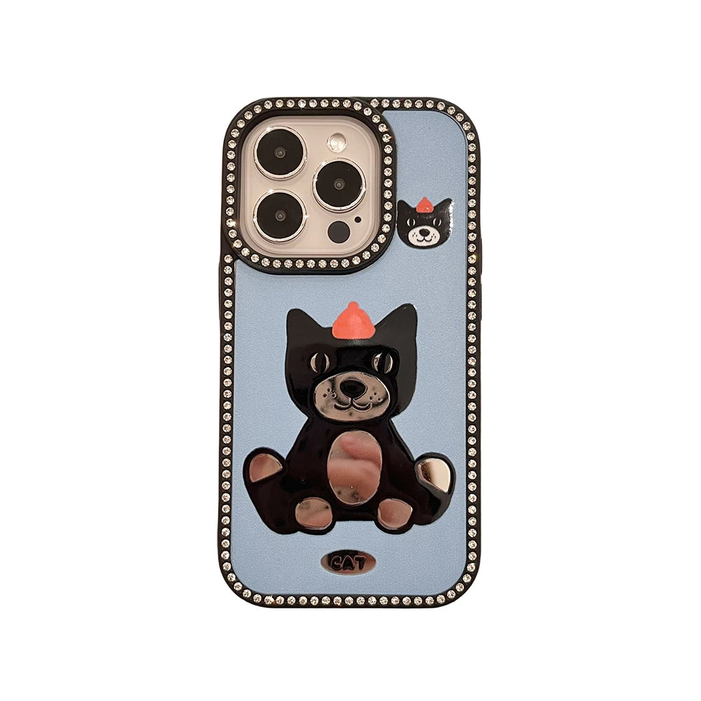 Diamond Glitter Mirror Case with Cartoon Animals for iPhone 15 Series
