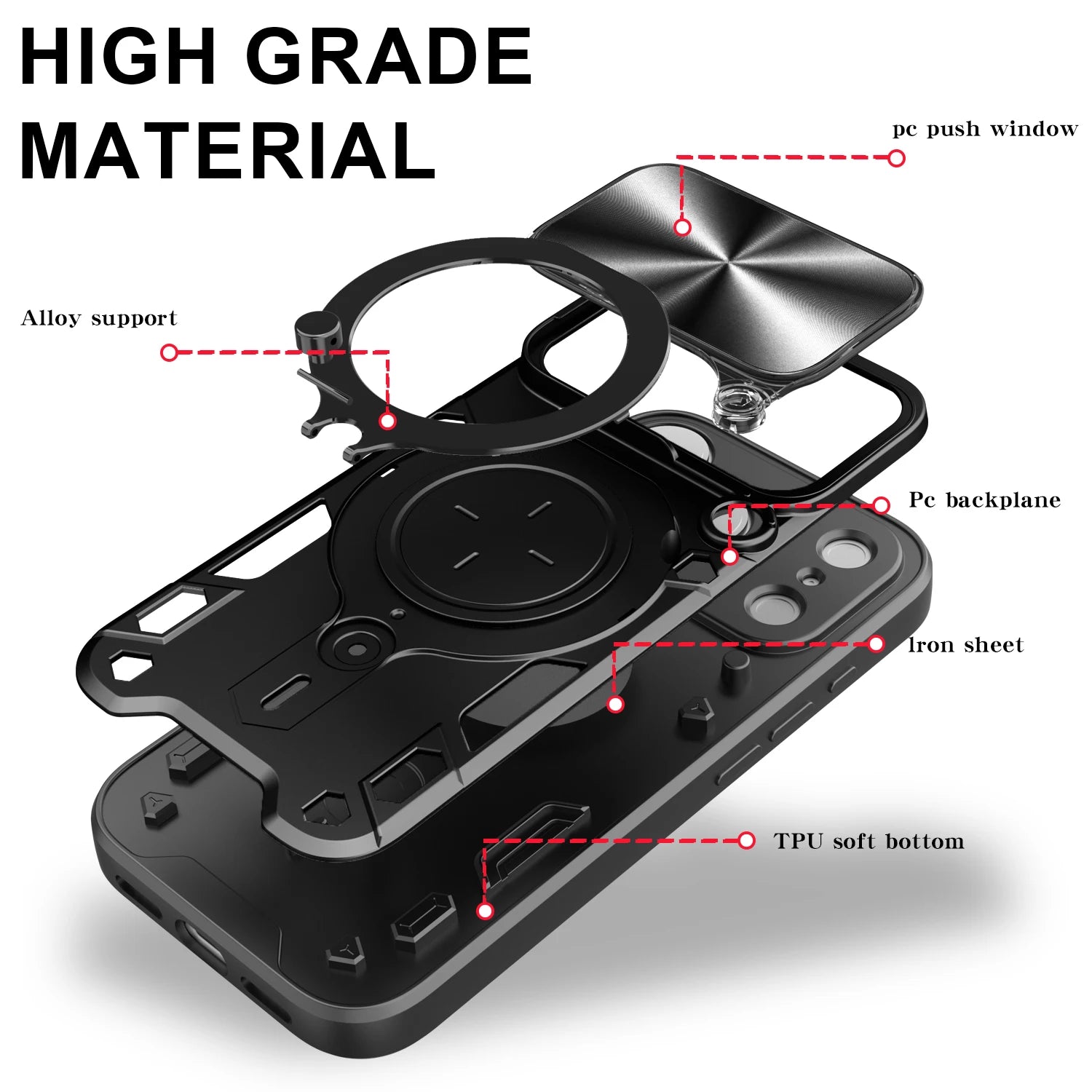Rugged MagSafe Case with Rotating Ring Holder and Lens Cover for iPhone 17 Series