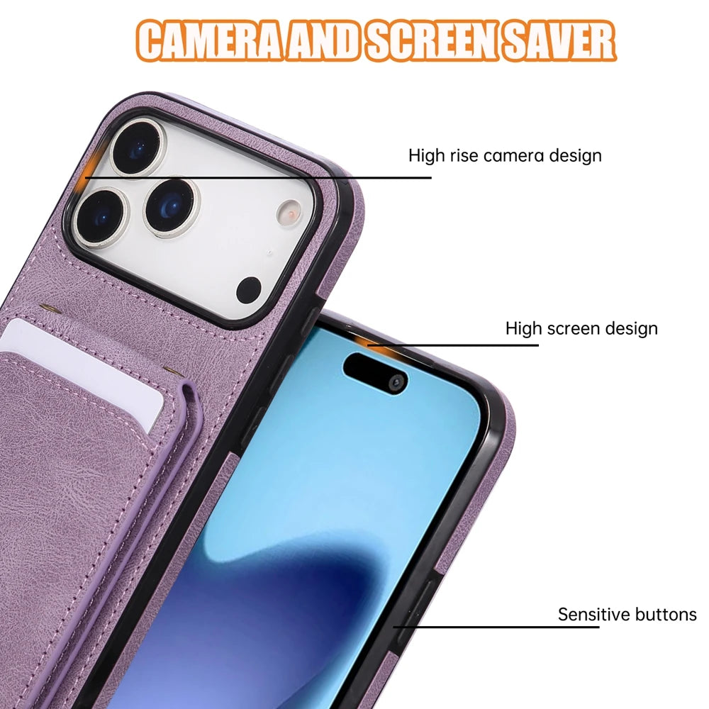 Premium Leather Phone Wallet Case with Lanyard and Stand for iPhone 17 Series