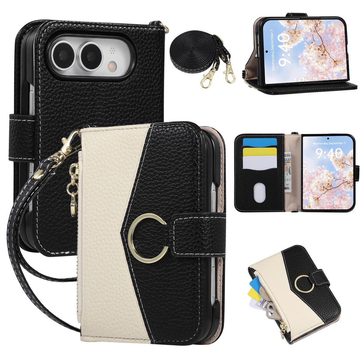Quilted Leather Crossbody Wallet Case with Detachable Long Strap for iPhone Duo