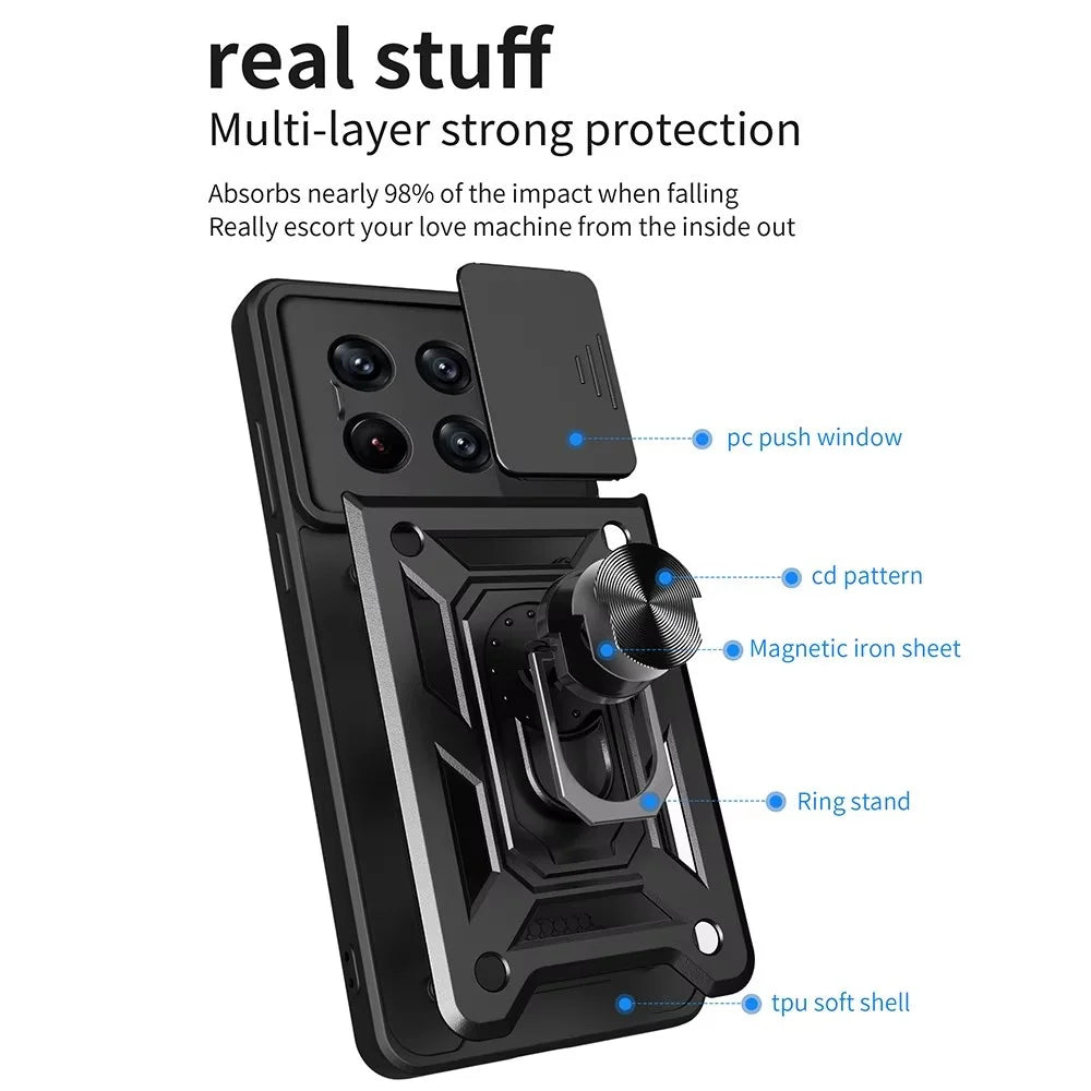 Shockproof Armor Magnetic Case with Slide Camera Cover & Ring Holder for Xiaomi 14T Series