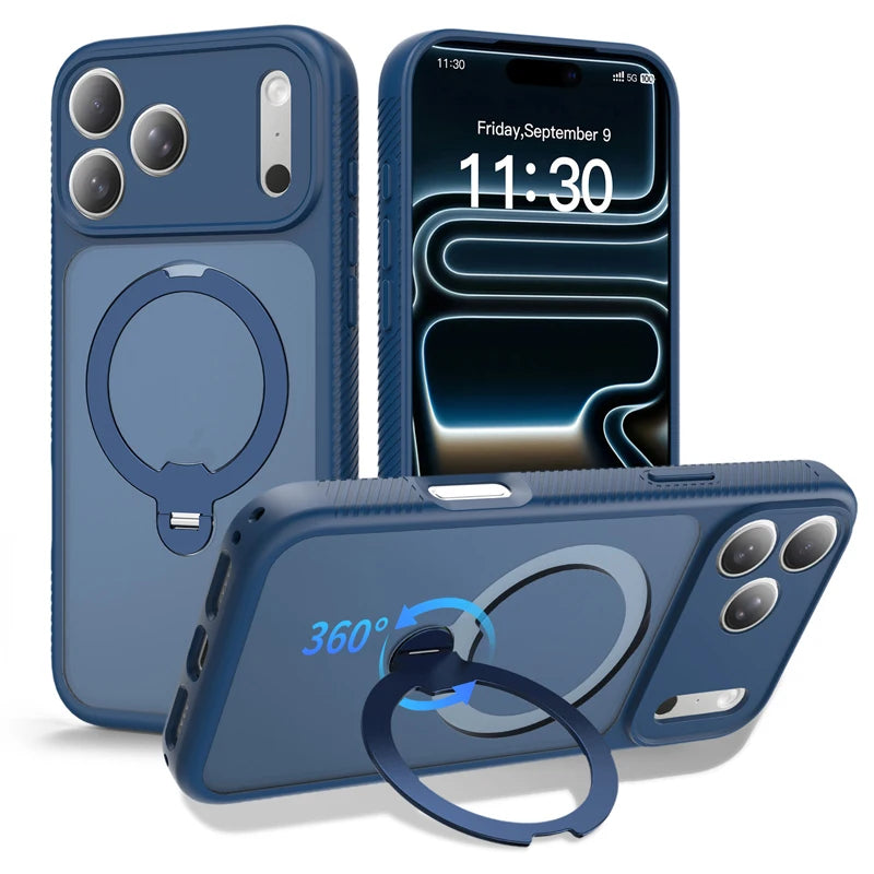 MagSafe Compatible Frosted Case with Rotatable Metal Ring Stand for iPhone 17 Series