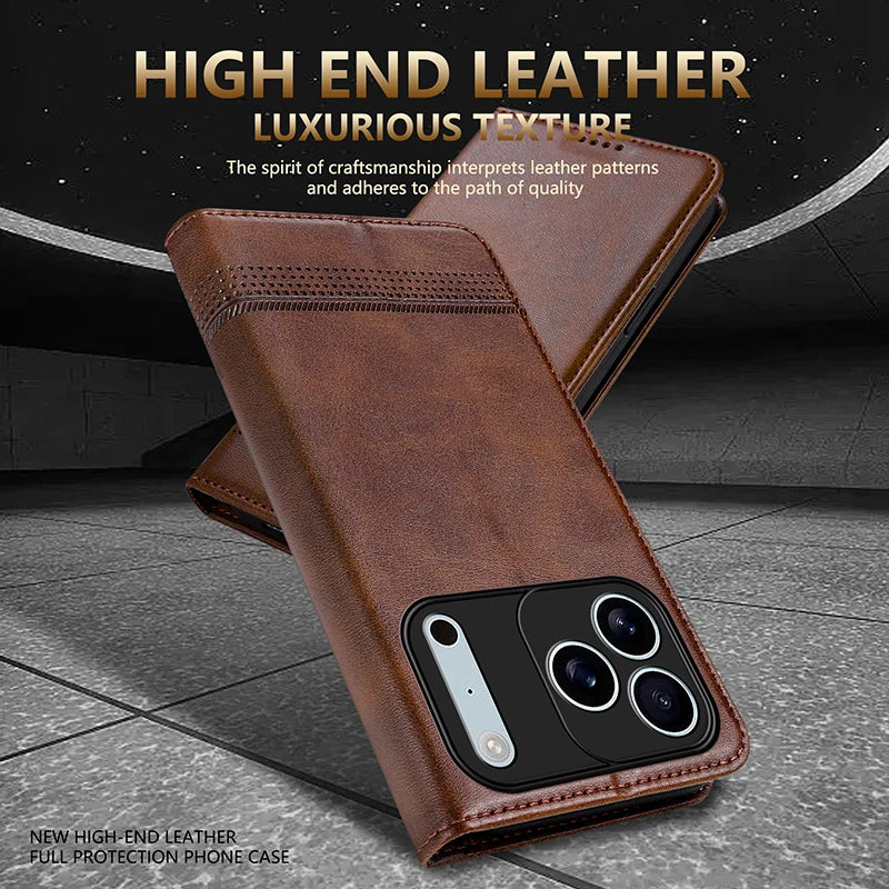 Leather Flip Wallet Case with Magnetic Closure for iPhone 17 Series