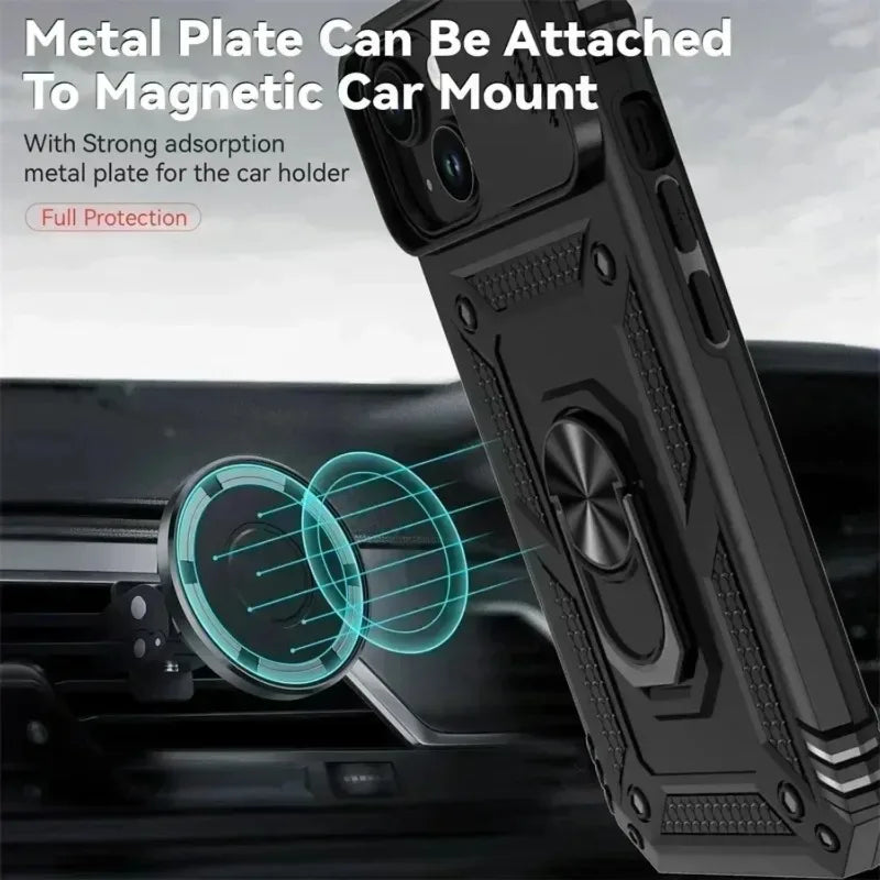 Military-Grade Armor Case with Rotating Ring Stand & Slide Camera Lens for iPhone 15 Series