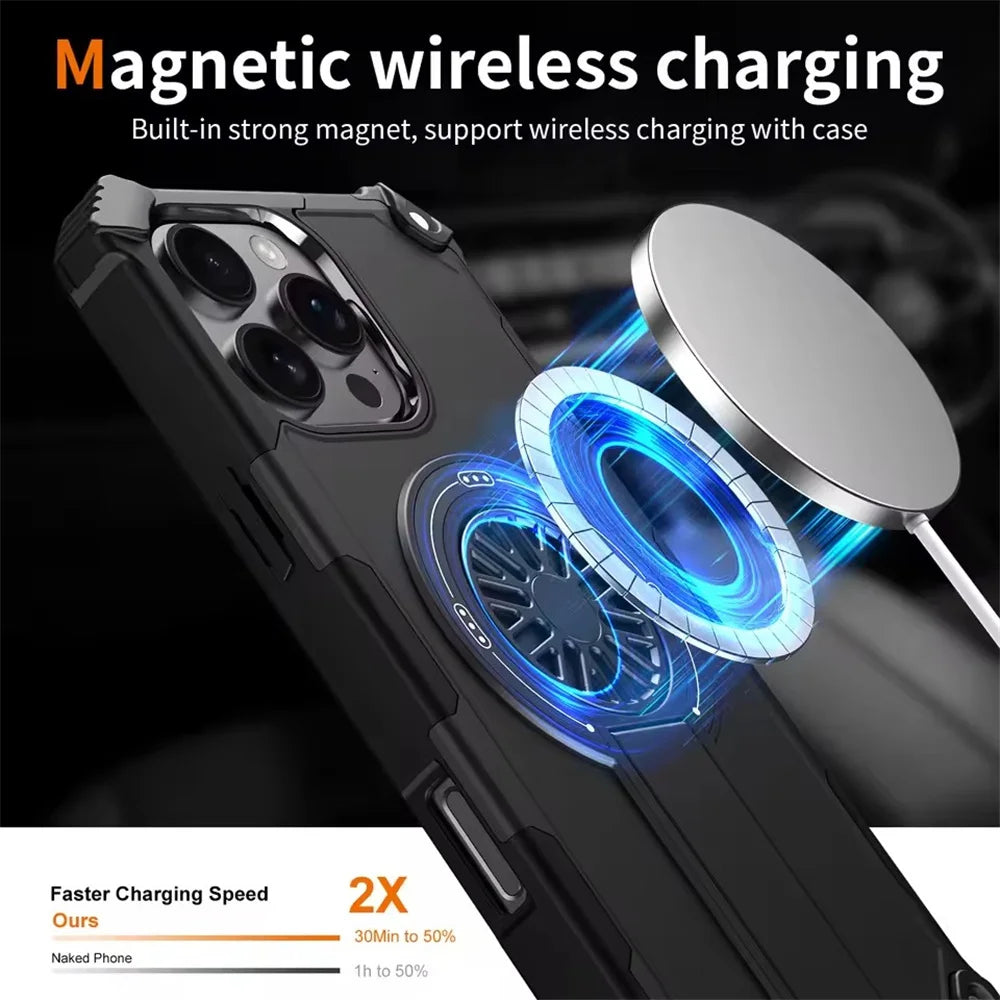 Shockproof Armor MagSafe Case with Invisible Fold Stand for iPhone 15 Series