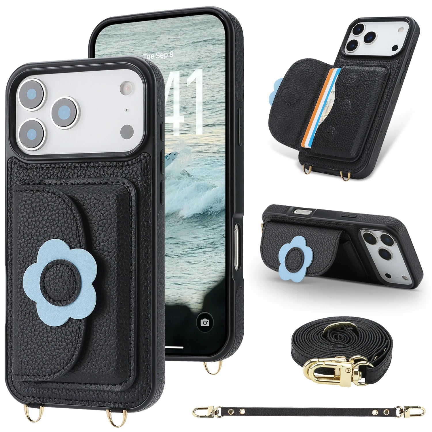 Crossbody Leather Wallet Case with Card Slots and Stand for iPhone 17 Series