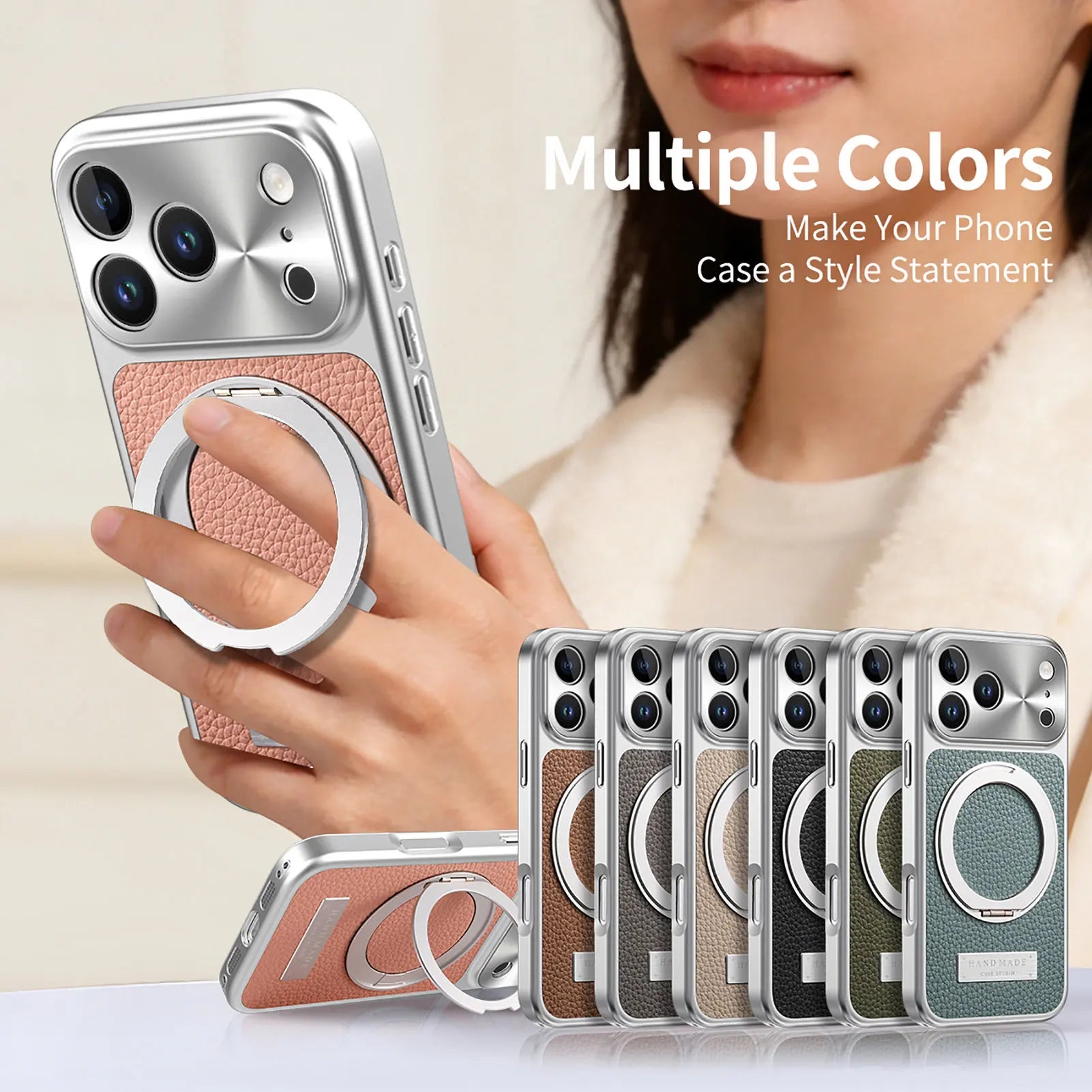 MagSafe Compatible Lychee Leather Case with 360° Kickstand for iPhone 17 Series
