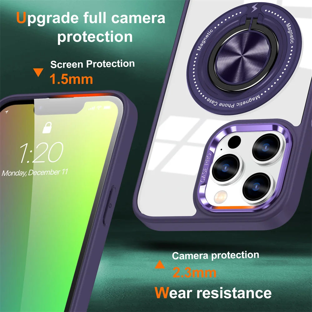 Crystal Clear Magnetic Case with Ring Stand for iPhone 15 Series