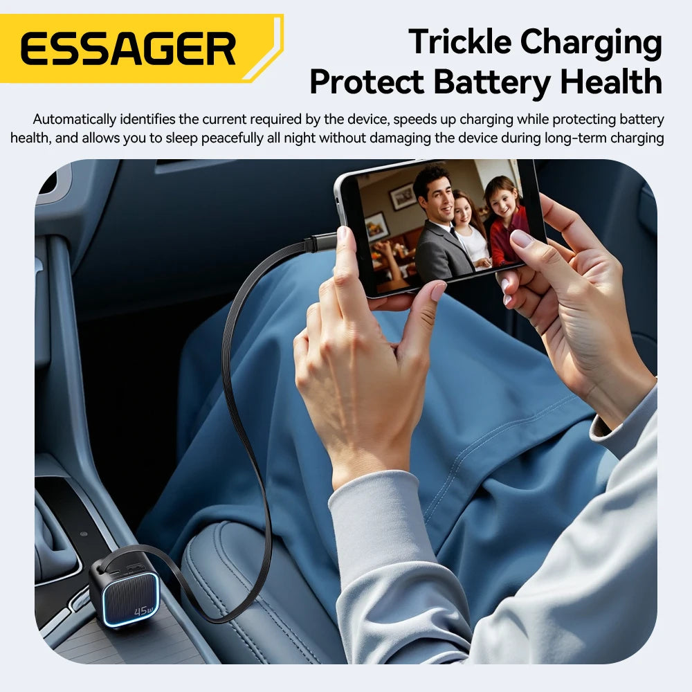 Essager 45W PD Fast Car Charger- 3 Ports with 75cm Retractable Cord