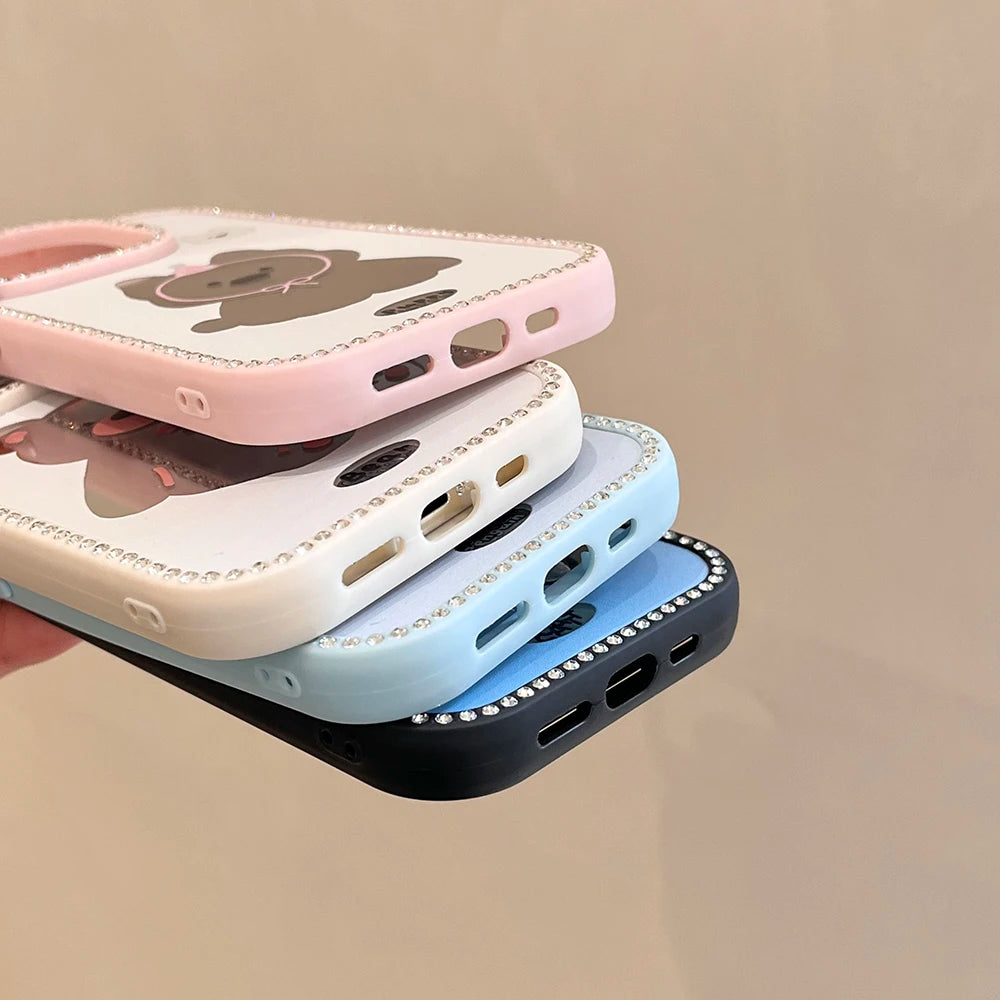 Diamond Glitter Mirror Case with Cartoon Animals for iPhone 15 Series