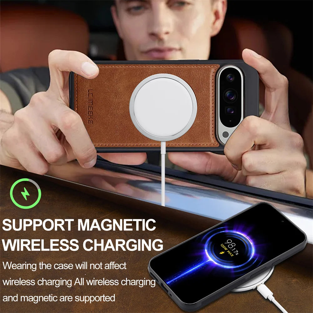 Leather Magnetic Wallet Case with Detachable Card Holder for Google Pixel 10 Series