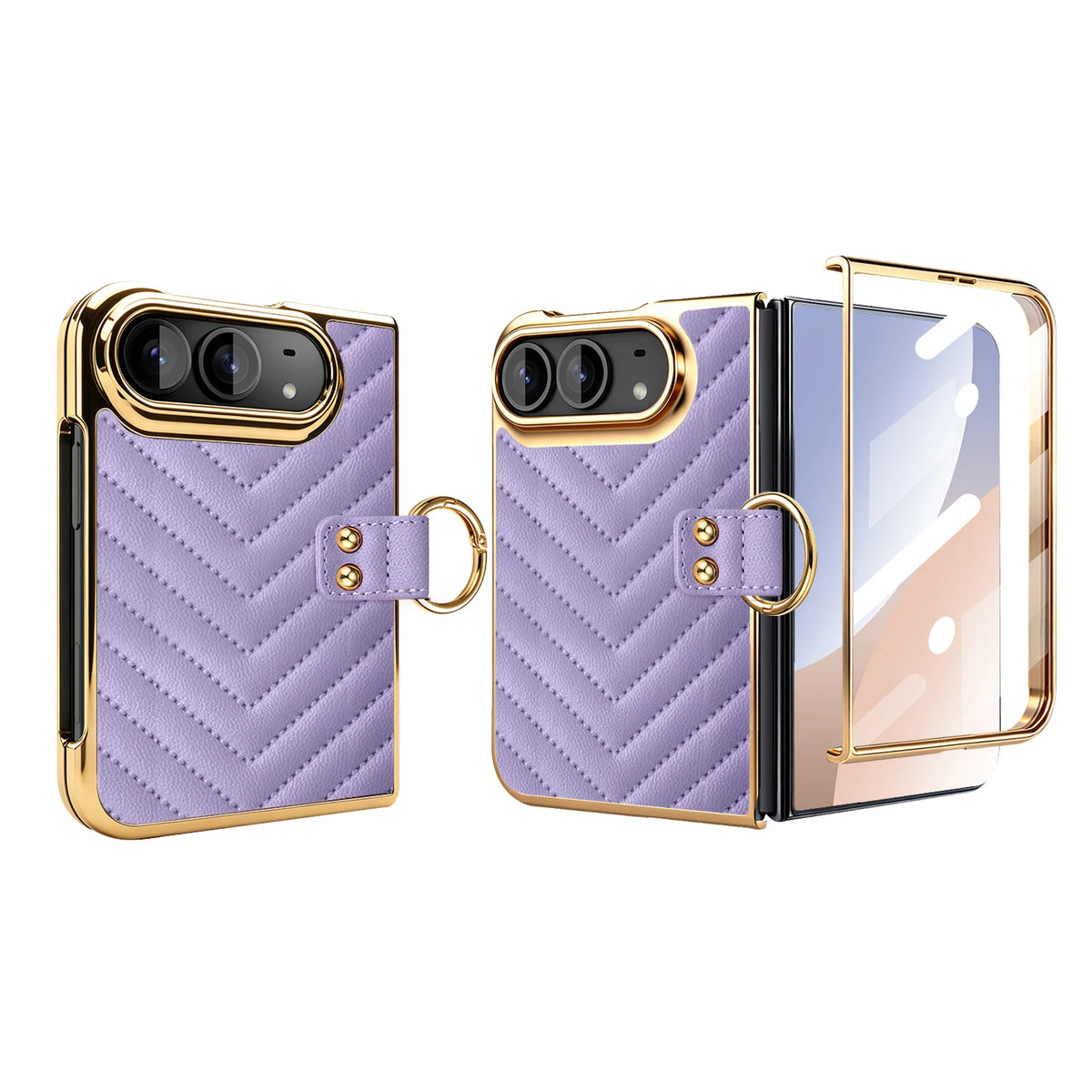Chevron Quilted Leather Case with Ring Holder and Screen Protector for iPhone Duo