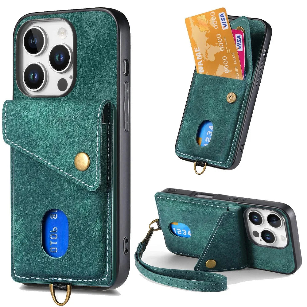 Shockproof Leather Wallet Case with Kickstand & Card Holder for iPhone 16 Series