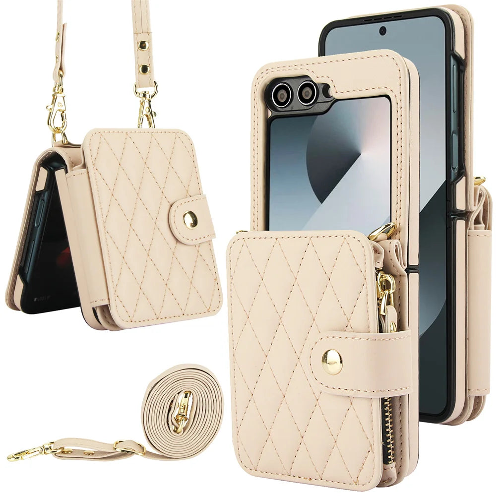Premium Leather Crossbody Case with Card Holder & Wrist Strap for Samsung Galaxy Z Flip 6