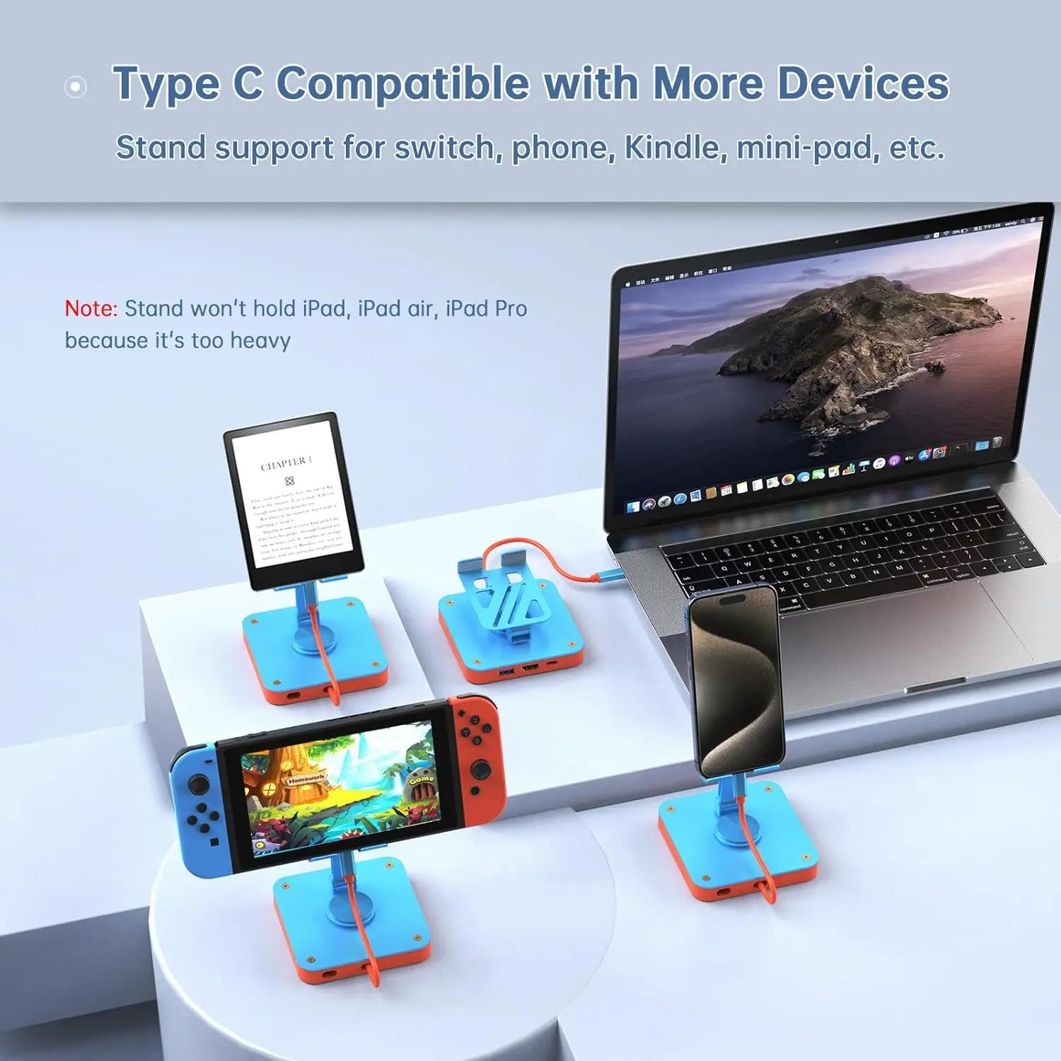 3-in-1 Adjustable Pad Stand with Built-In USB-C Hub for Nintendo Switch