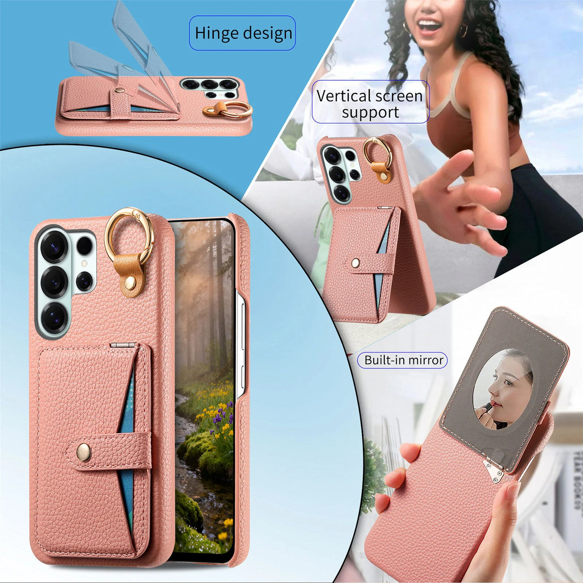 Grain Leather Flip Case with Built-In Makeup Mirror and Ring Holder for Samsung Galaxy S25 Series