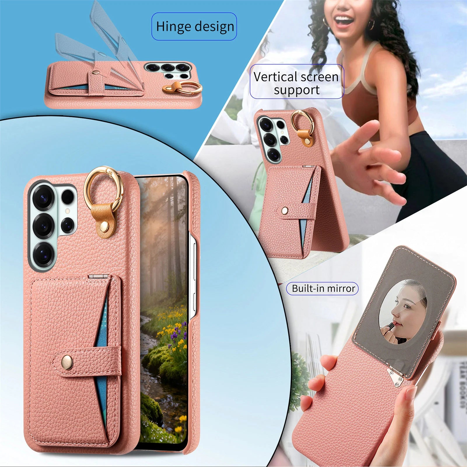 Leather Flip Wallet Case with Integrated Makeup Mirror for Samsung Galaxy S24 Series