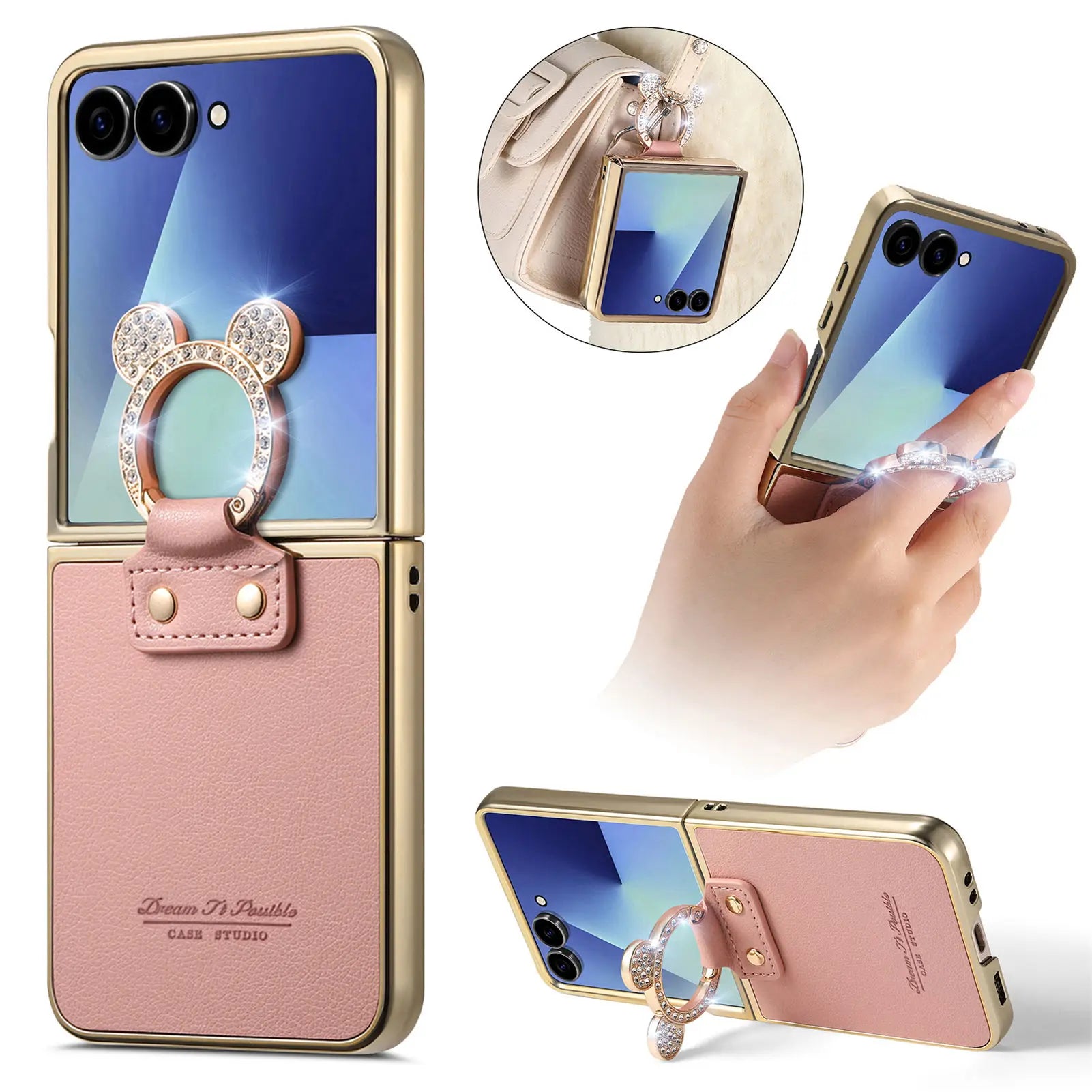 Luxury Leather Case with Rhinestone Ring Holder for Samsung Galaxy Z Flip 7