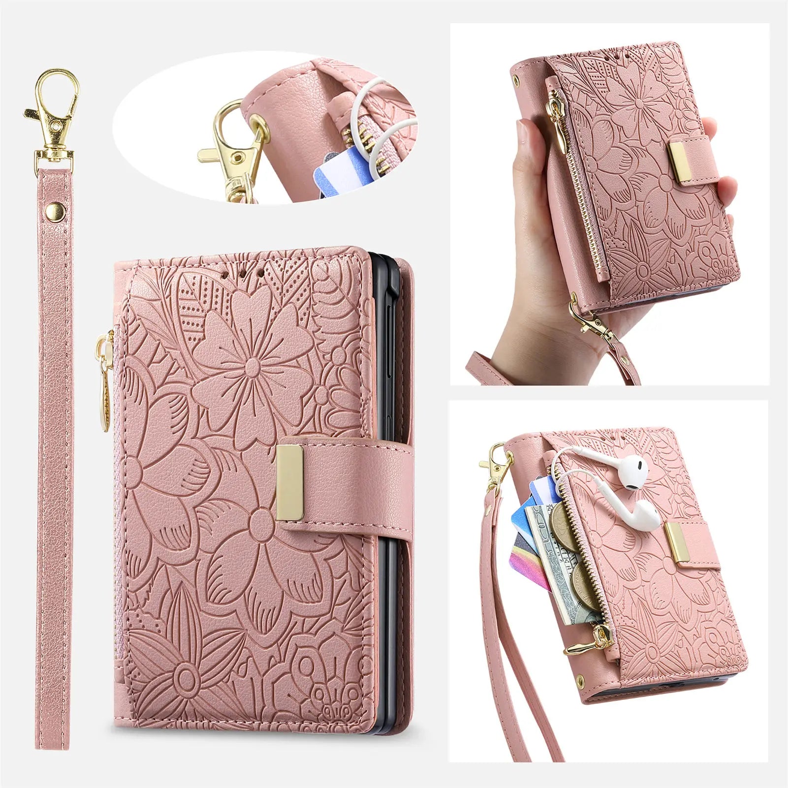 Fashion Leather Wallet Case with Zipper Pocket and Strap for Samsung Galaxy Z Fold 8