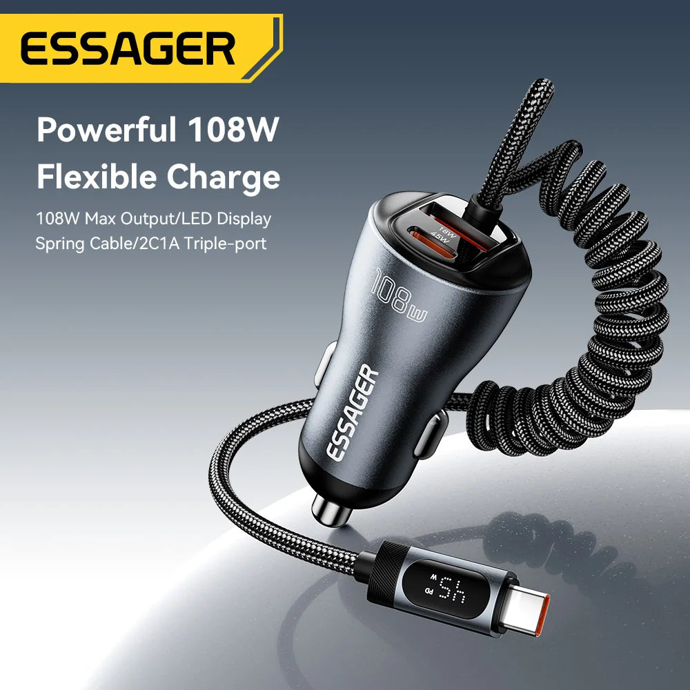 Essager 108W Dual Port Car Charger with Spring Cable