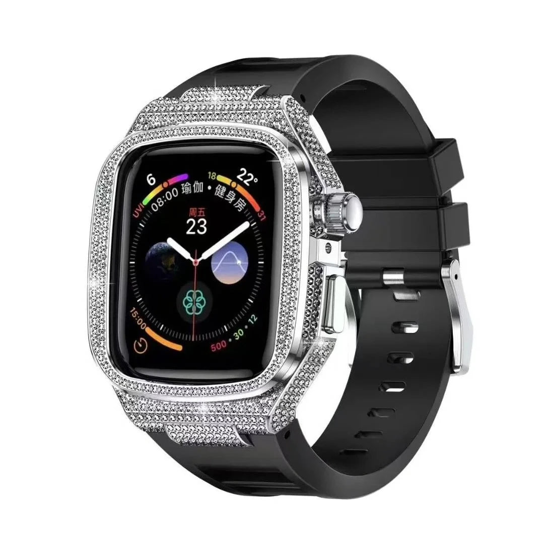 Diamond-Encrusted Stainless Steel Case with Rubber Strap for Apple Watch