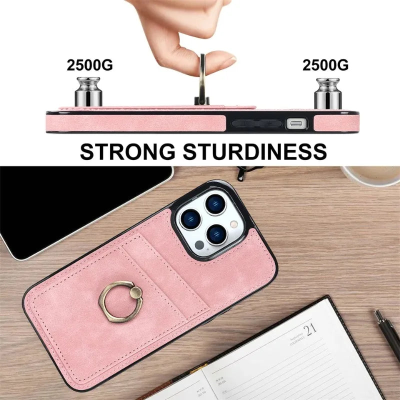Shockproof Retro PU Leather Case with Ring & Card Slots for iPhone 15 Series