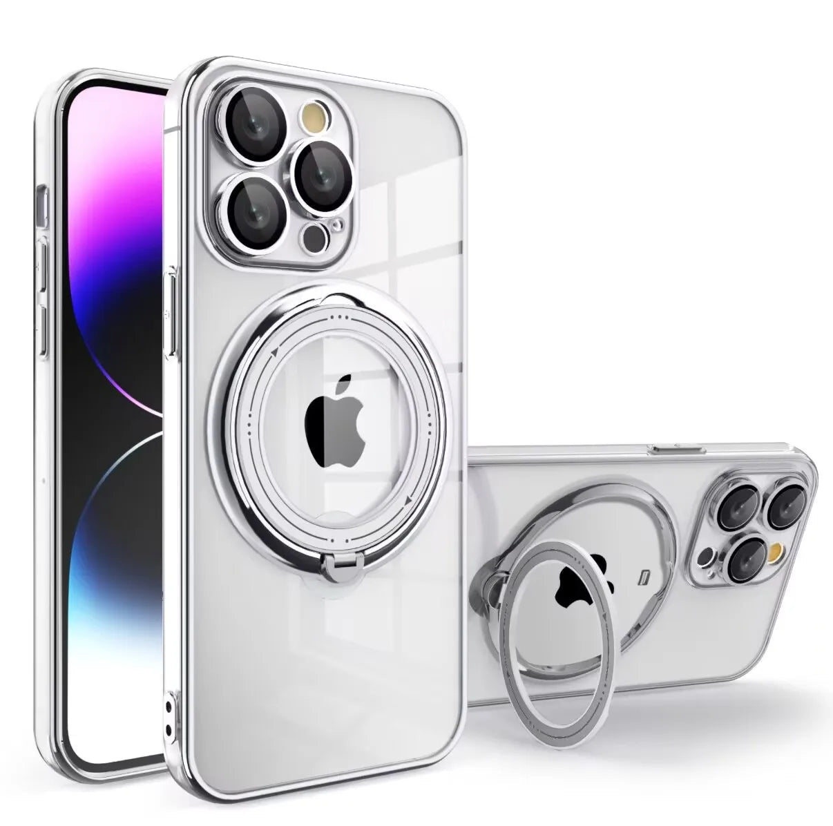 Shockproof Clear MagSafe Case with 360° Rotating Ring Stand for iPhone 15 Series