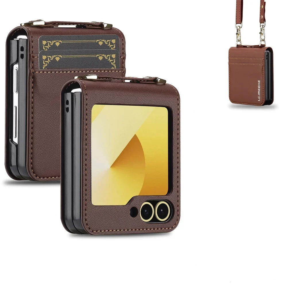 Samsung Galaxy Z Flip 6 Leather Case with Wrist Strap and Card Holder