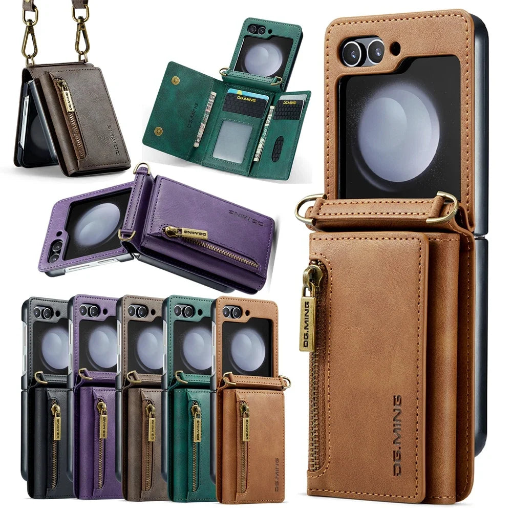 Crossbody Leather Wallet Case with Card Slot & Zipper for Samsung Galaxy Z Flip 6