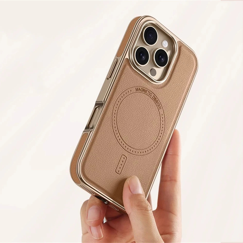Luxury Plating Frame PU Leather Shockproof MagSafe Case for iPhone 17 Series
