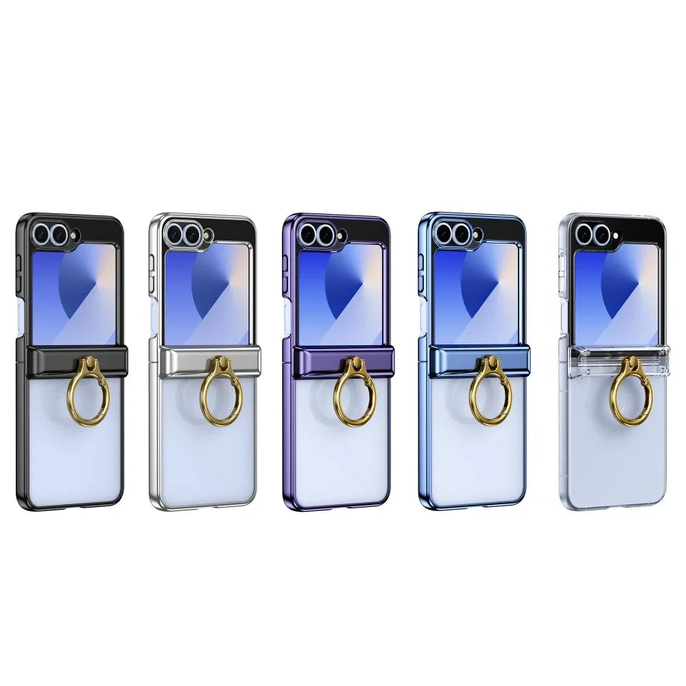 Hinge Protective Hard Shell Electroplate Case with Ring Holder for Samsung Galaxy Z Flip 5