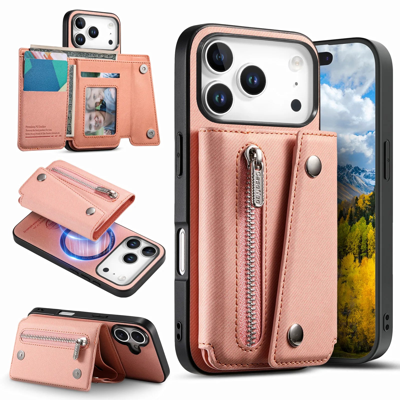 MagSafe Compatible Leather Case with Detachable Zipper Pocket for iPhone 17 Series
