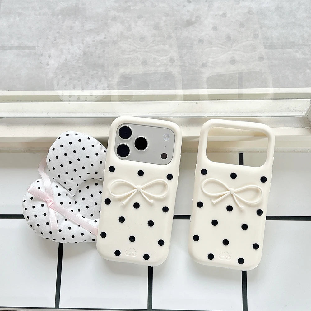 3D Black Polka Dot Bow Silicone Case for iPhone 17 Series