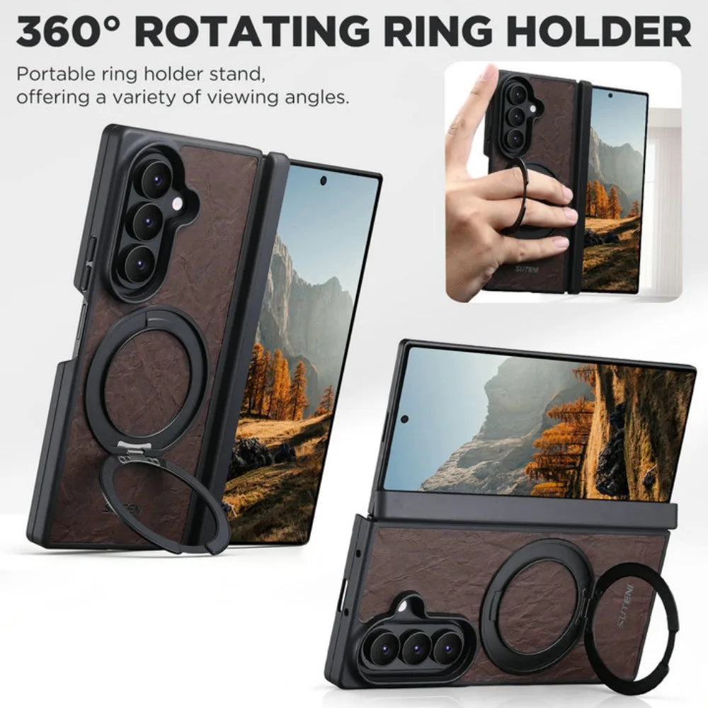 Textured Leather Magnetic Case with 360° Rotating Ring Stand for Samsung Galaxy Z Fold 7