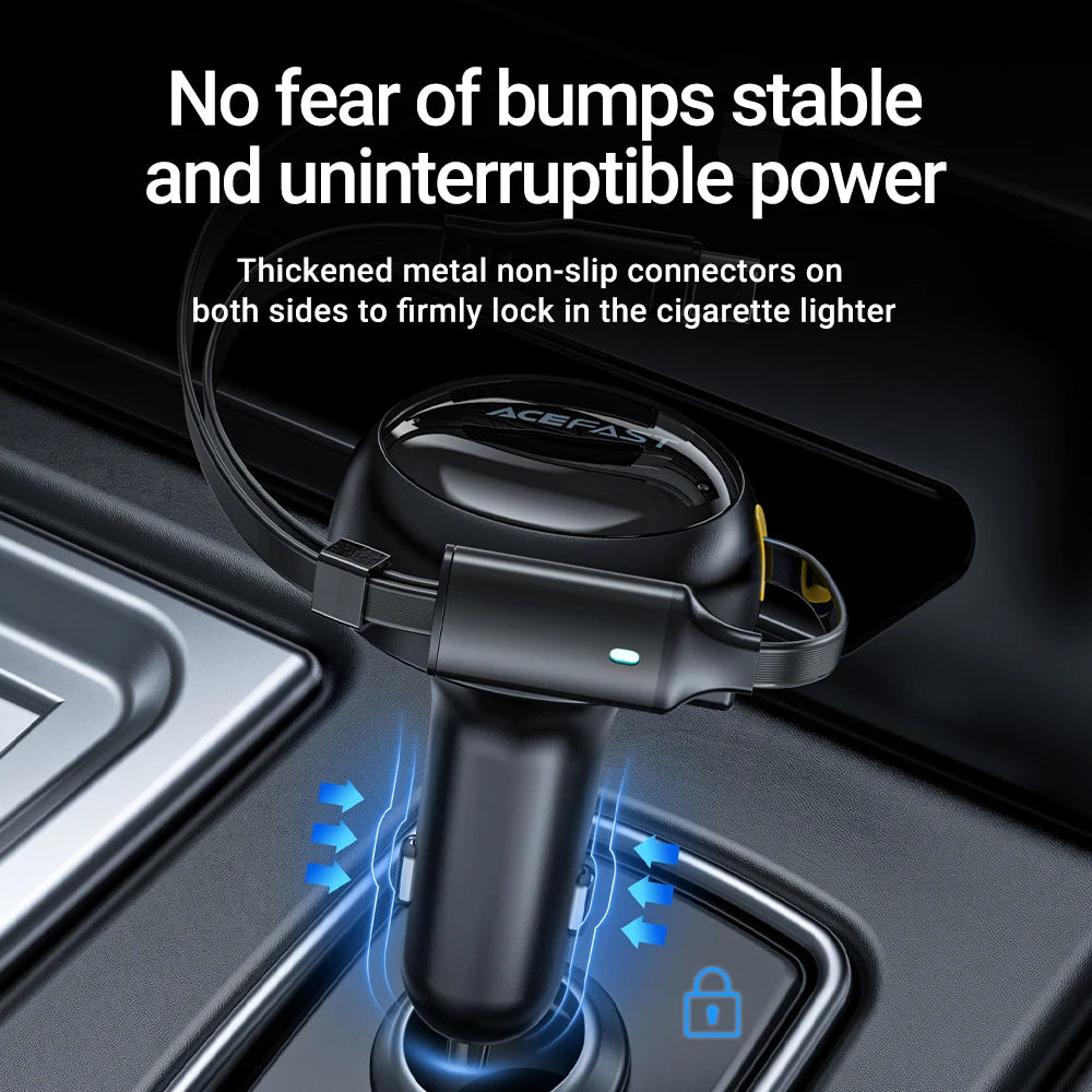ACEFAST 53W Dual Port Car Charger with Retractable USB-C Cables
