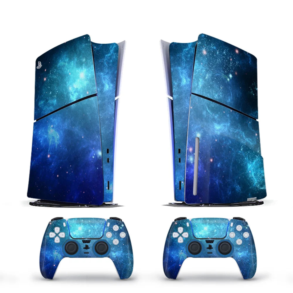 Gaming console and controllers with a blue galaxy design on a white background