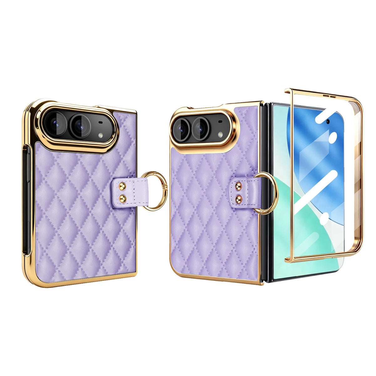 Quilted Leather Case with Ring Holder and Tempered Glass Film for iPhone Duo