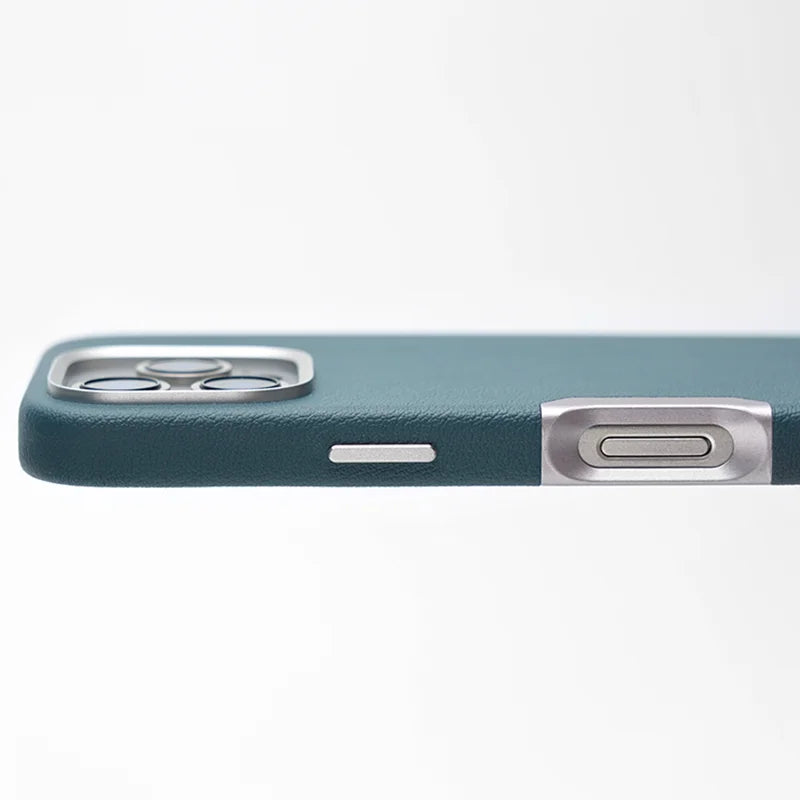 Premium Magnetic Vegan Leather Full Cover Case with Aluminum Alloy Camera Button Bezel for iPhone 16 Series
