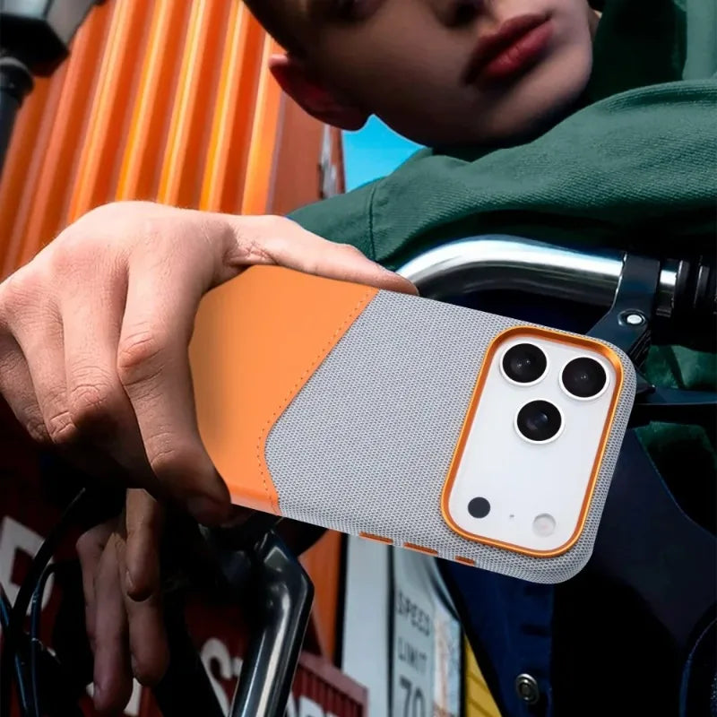 Premium Leather and Fabric Splicing MagSafe Case with Card Slots for iPhone 17 Series