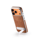 Luxury Electroplated PU Leather Case with Foldable Alloy Stand for iPhone 17 Series