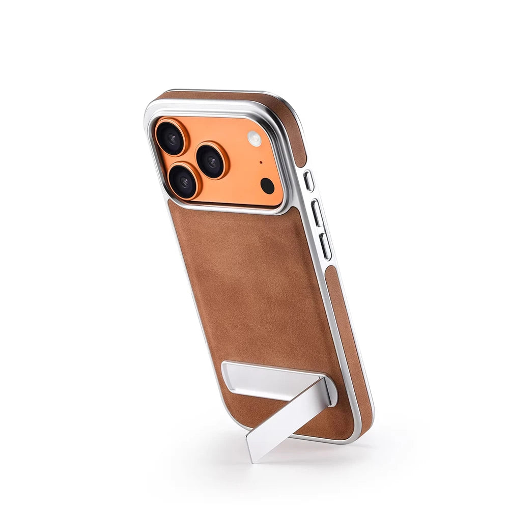 Luxury Electroplated PU Leather Case with Foldable Alloy Stand for iPhone 17 Series