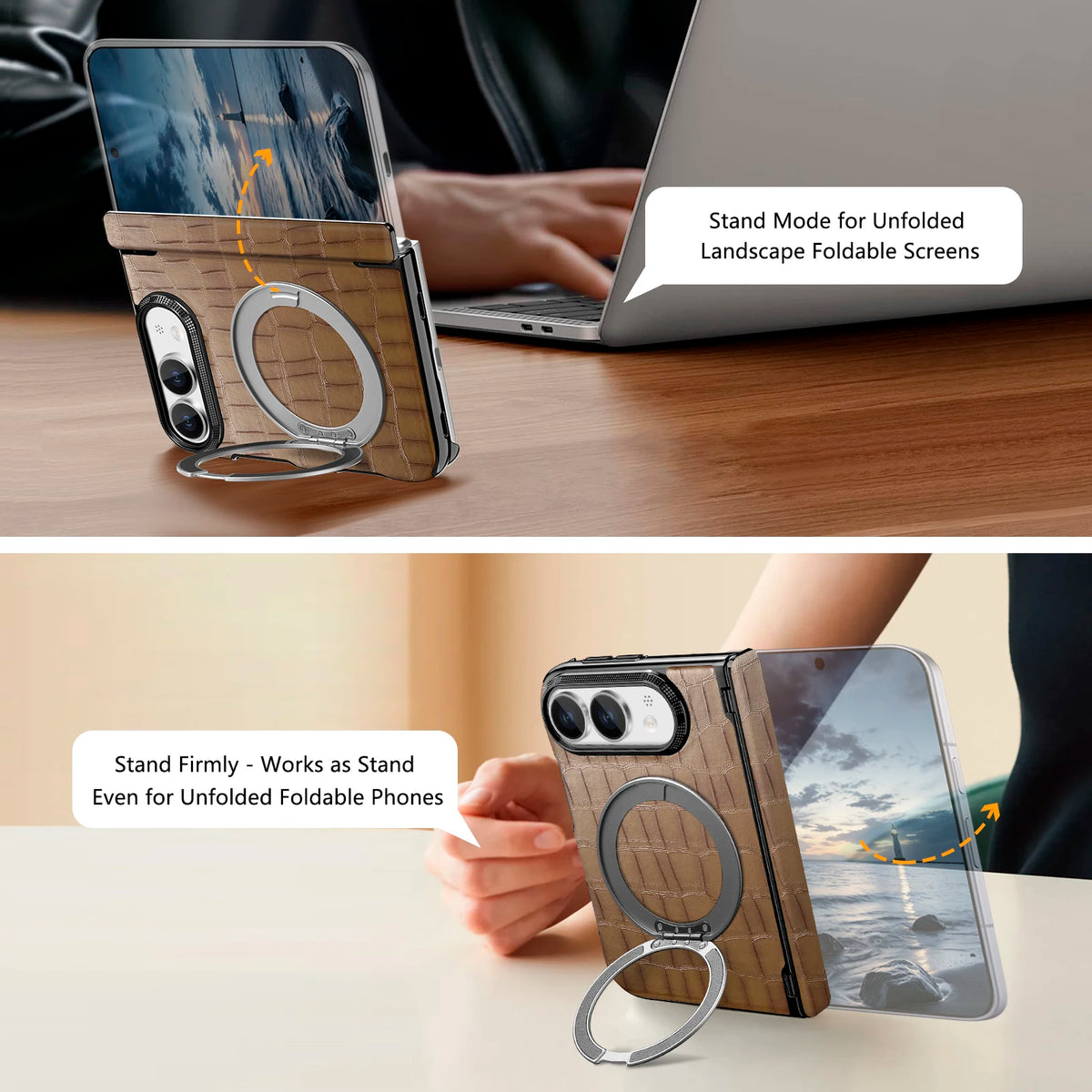 Crocodile-Pattern Leather MagSafe Case with 360° Rotating Ring Stand for iPhone Duo