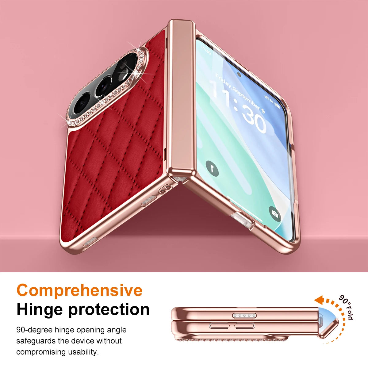 Quilted Leather Hinge Protection Case with Full-Perimeter Metal Frame for iPhone Duo
